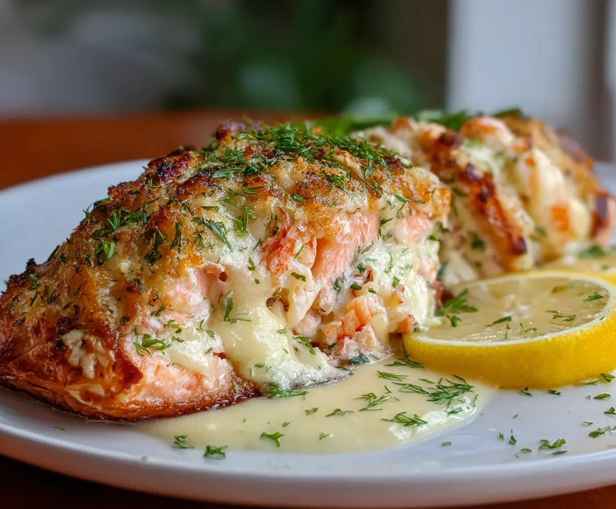 Image of a Gourmet Crab and Shrimp Stuffed Salmon dish showcasing tender salmon filled with crab and shrimp mixture, garnished with fresh herbs.