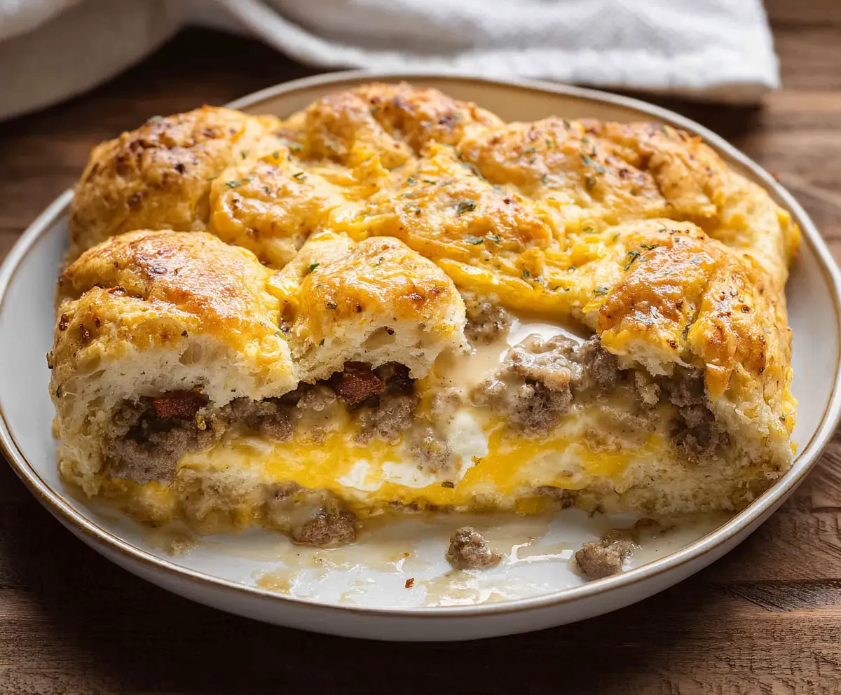 Delicious easy biscuits and gravy breakfast casserole served hot, perfect for a hearty morning meal.