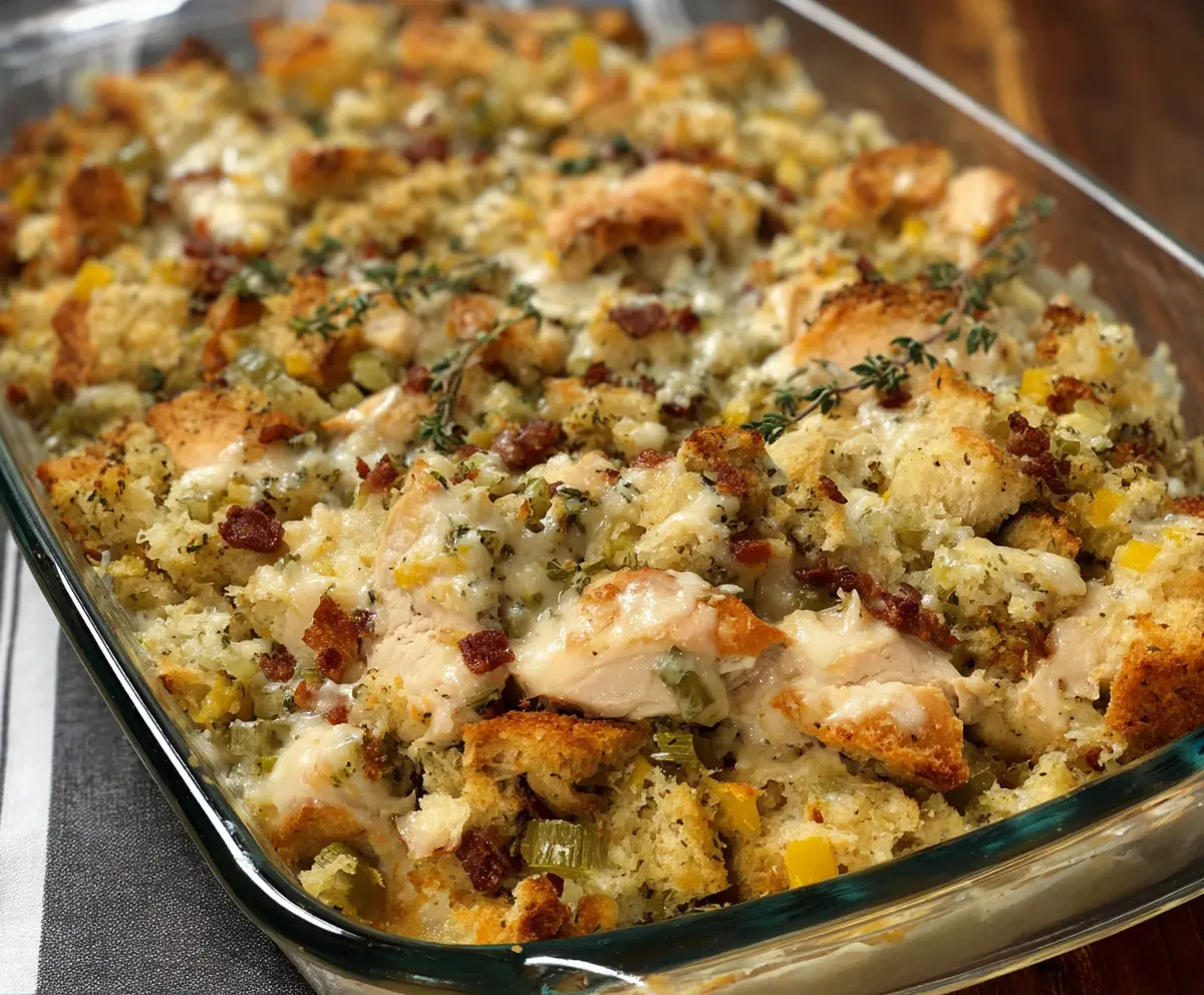 Delicious Easy Chicken and Stuffing Bake served in a baking dish, garnished with herbs.