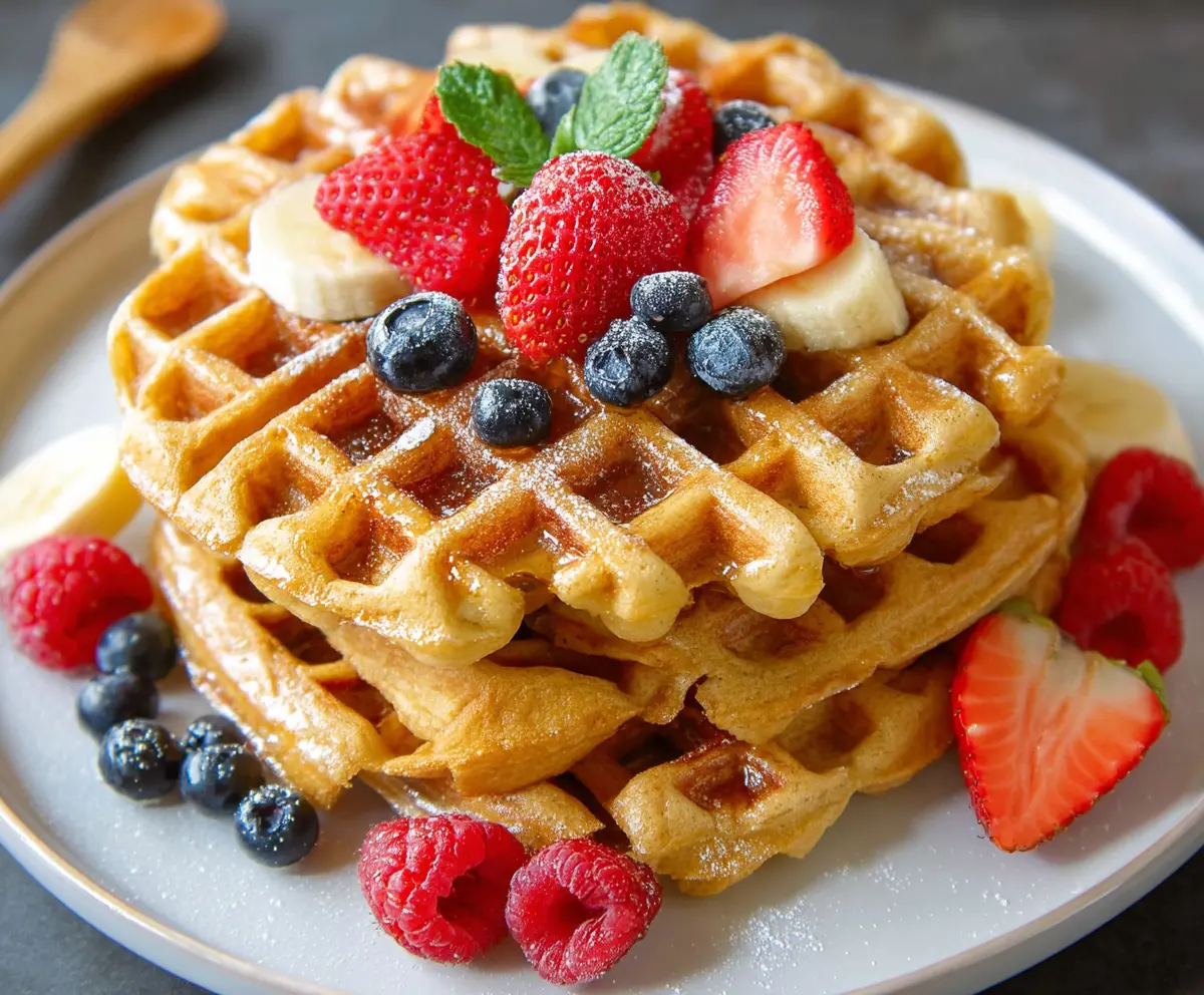 Delicious healthy protein waffles topped with fresh fruit on a white plate, highlighting a high-protein breakfast option with 45 grams of protein.
