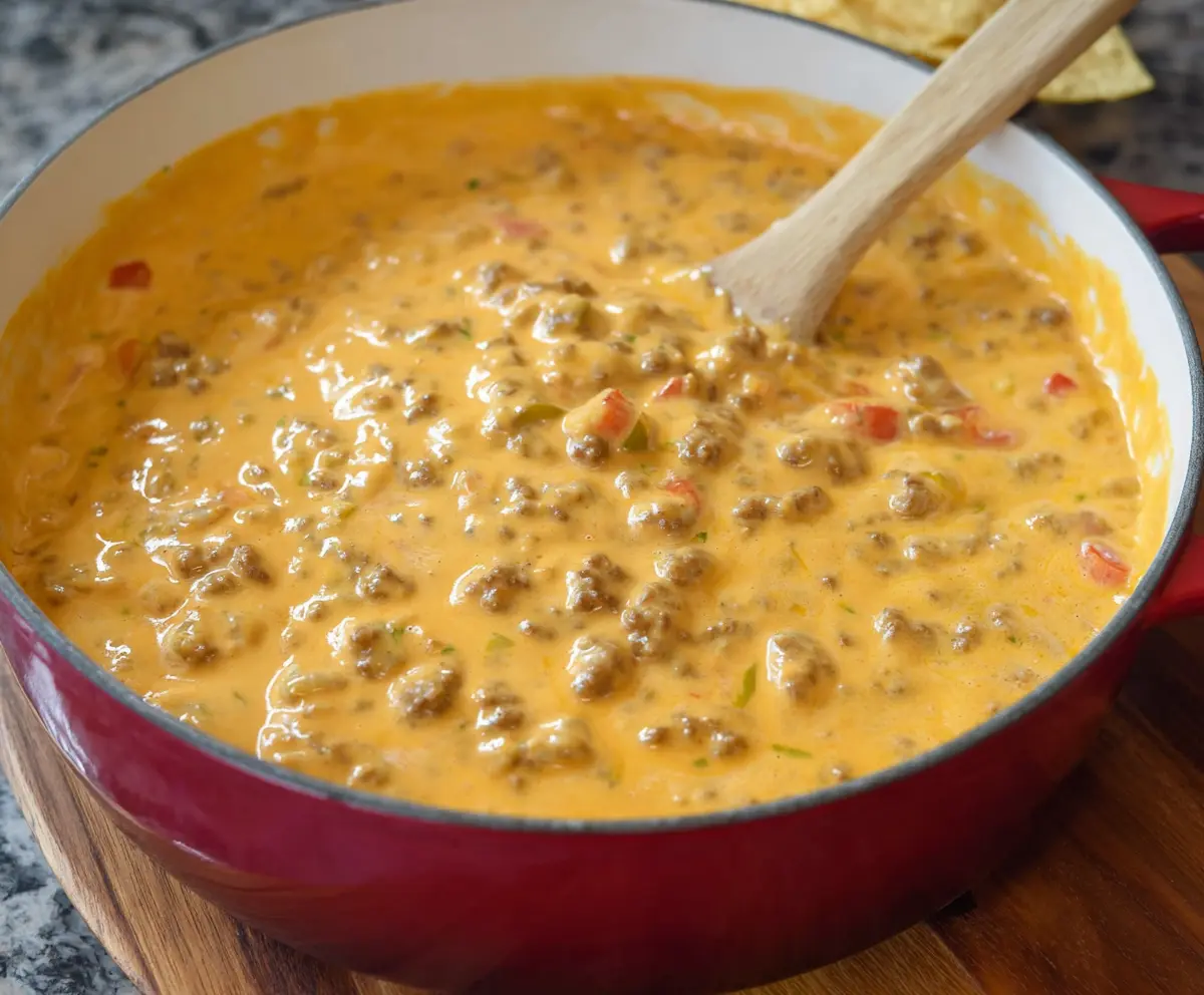 Creamy Rotel dip with sausage and melted cheese served in a bowl, perfect for snacks or parties.