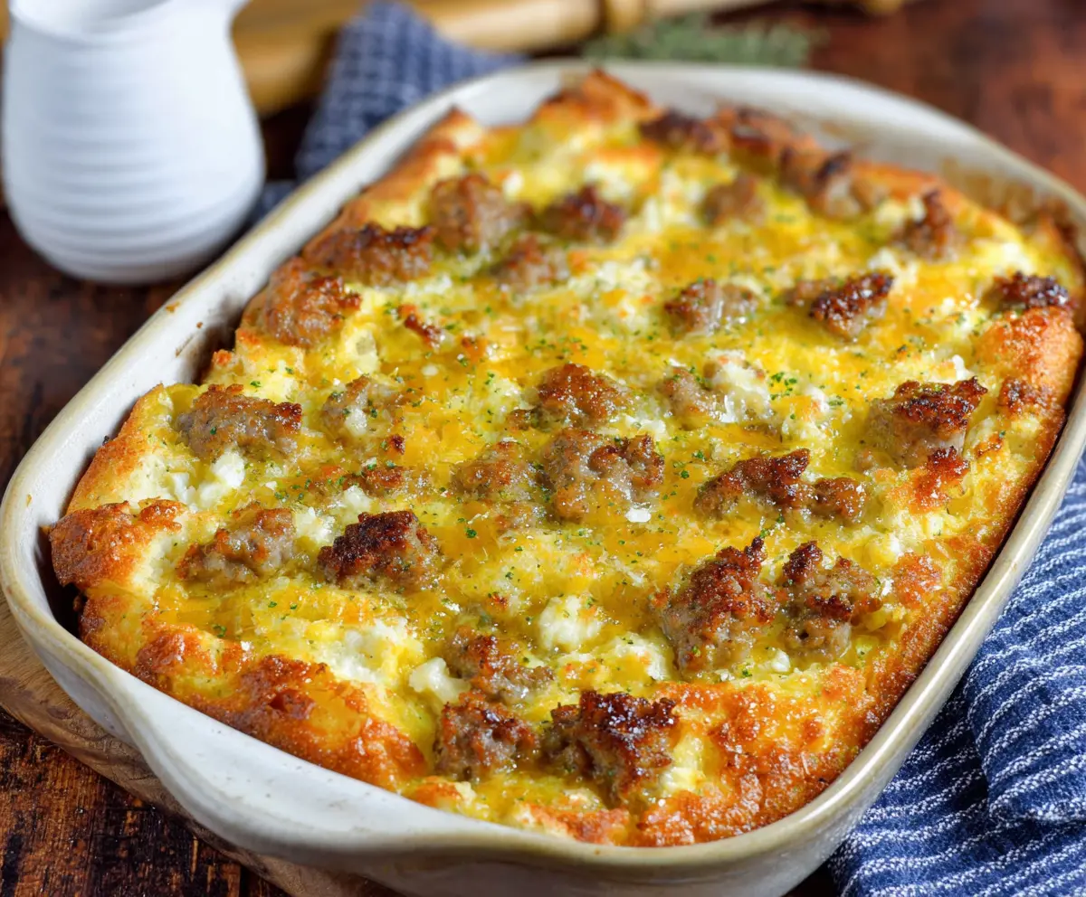 Delicious sausage and egg casserole served in a baking dish, perfect for breakfast or brunch.