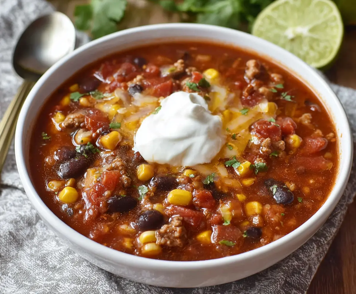 A bowl of Easy Taco Soup with ground beef, beans, corn, and cheese, served with tortilla chips.