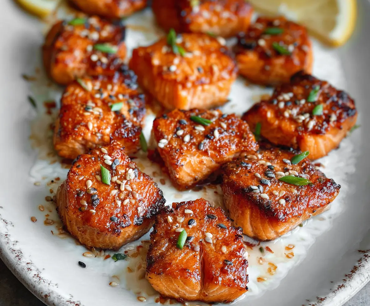 Delicious salmon bites garnished with fresh herbs on a rustic plate, ready to serve in minutes.