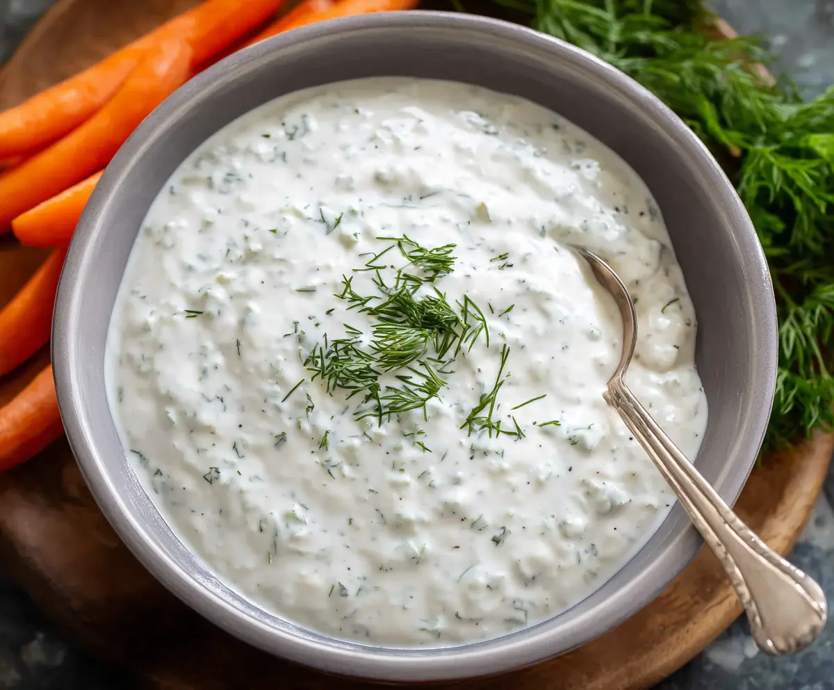 Creamy Greek Yogurt Ranch Dip with fresh herbs in a bowls for snacks or vegetables