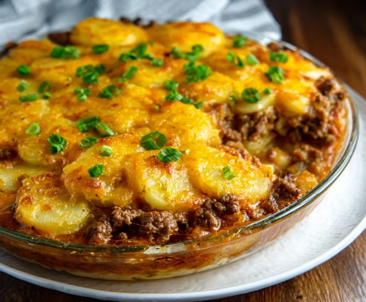 Delicious ground beef and potatoes casserole served in a baking dish, perfect for family dinner.