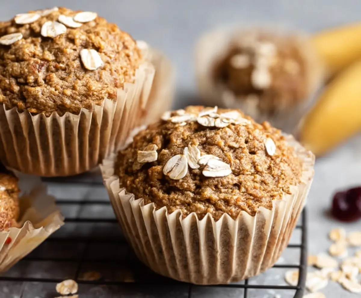 Delicious healthy banana oatmeal muffins on a baking tray, perfect for a nutritious breakfast or snack.
