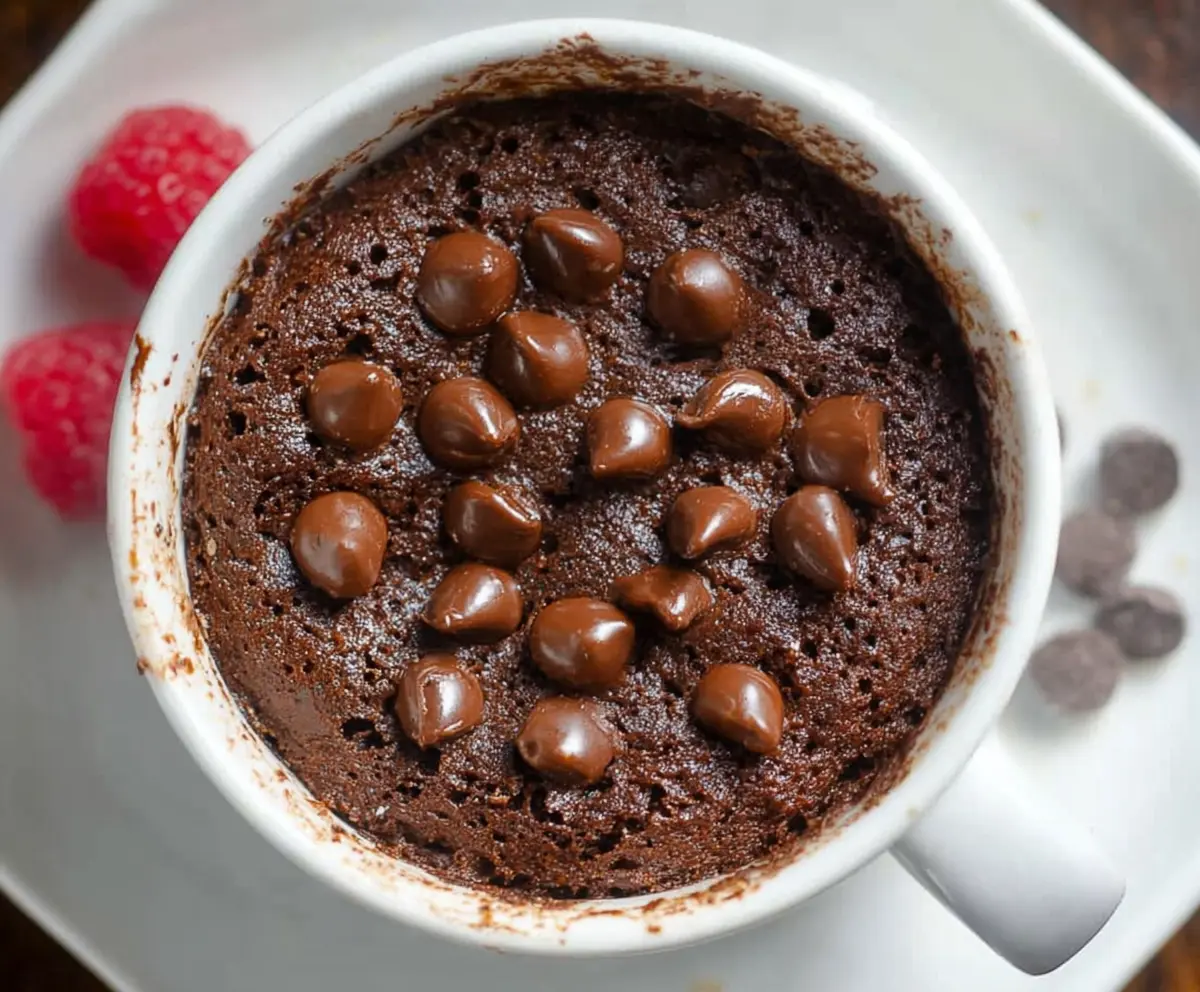 Delicious healthy chocolate mug cake in a mug on a plate, perfect for quick nutritious desserts.