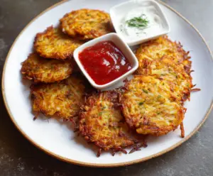 Delicious healthy low-calorie crispy hashbrowns served on a plate, perfect for a light breakfast or snack.