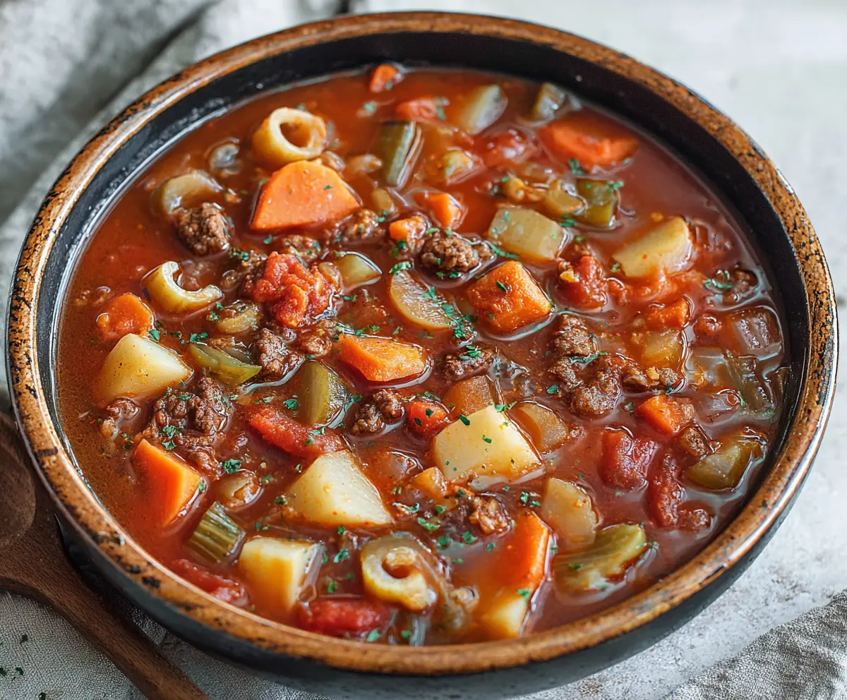 Bowl of Hearty Veggie Beef Soup with colorful vegetables and tender beef chunks
