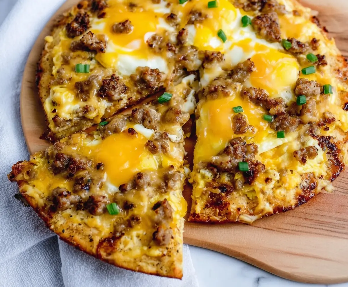 High protein sausage and egg breakfast pizza on a plate, topped with fresh herbs