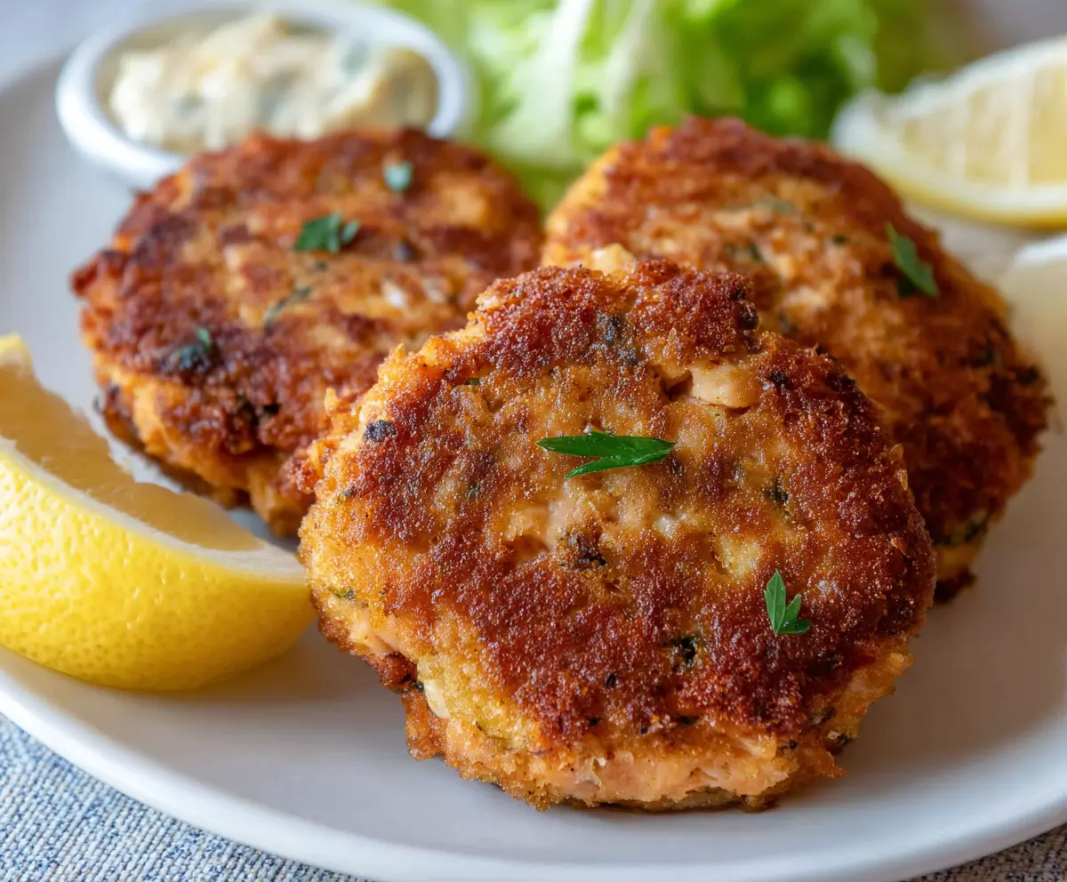 Delicious homemade old fashioned salmon patties served on a plate with fresh lemon slices.