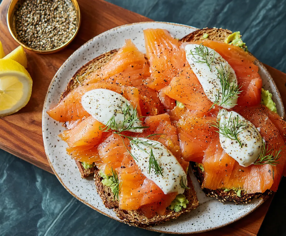 Close-up of irresistibly delicious smoked salmon garnished with fresh herbs and lemon slices.