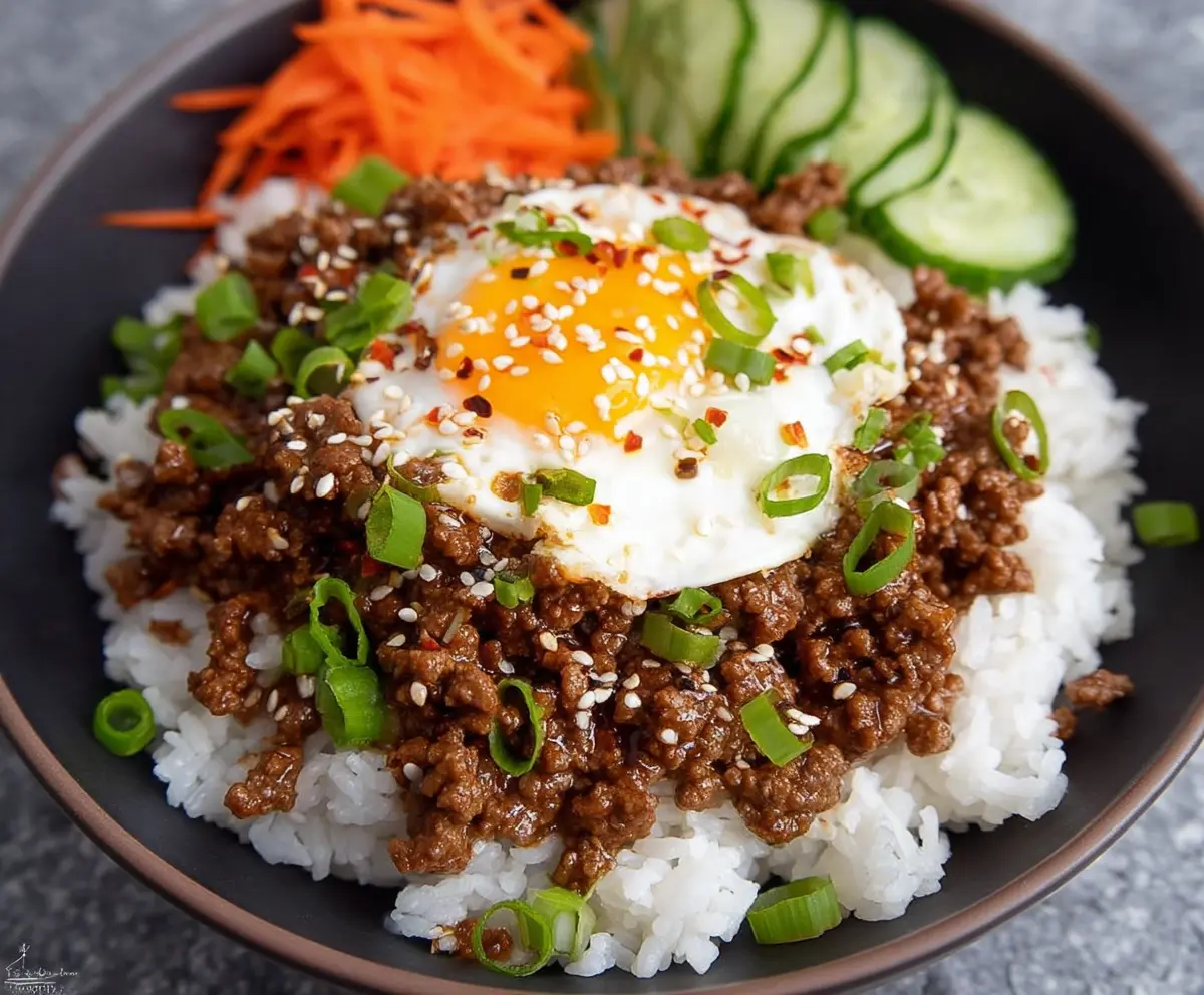 Delicious Korean Ground Beef Bowl with rice and vegetables, served in a bowl.