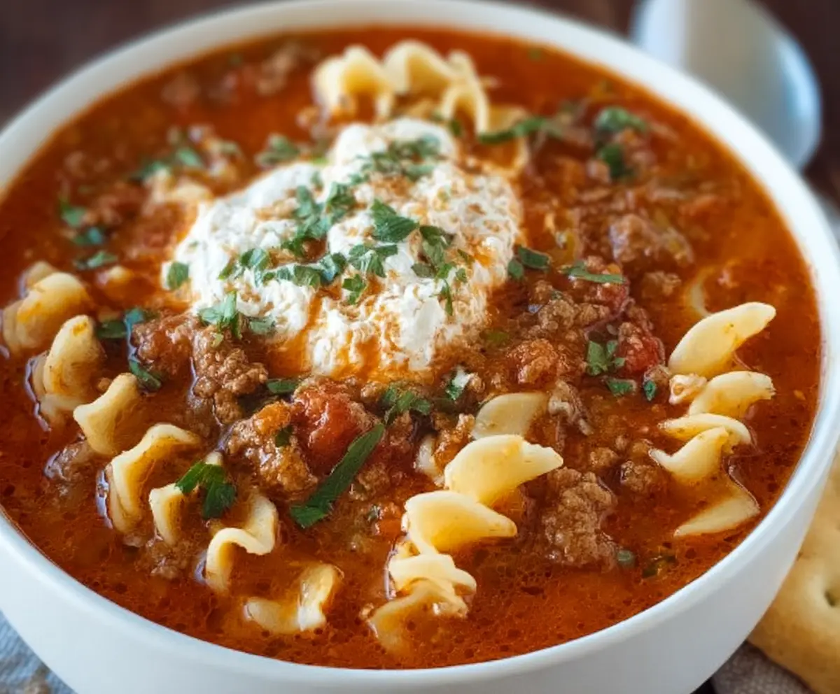 Delicious homemade lasagna soup cooked in a crockpot, showcasing layers of cheese, pasta, and savory broth.