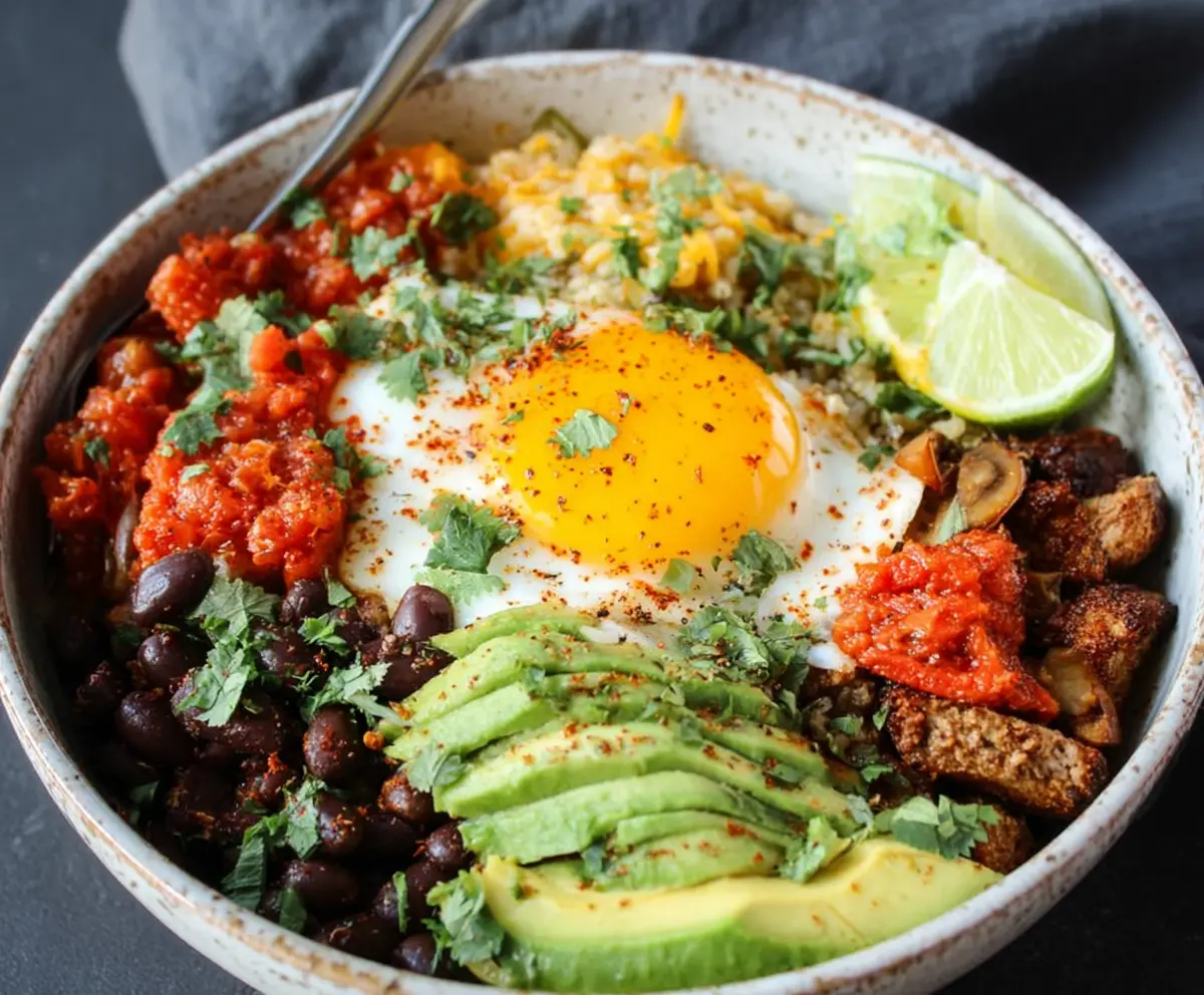 Low Carb Breakfast Burrito Bowl with scrambled eggs, bacon, and fresh vegetables in a bowl.