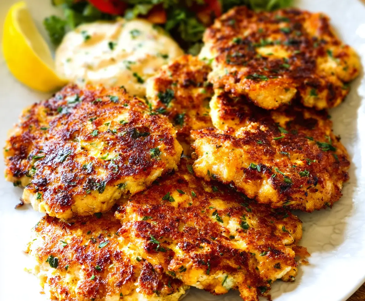 Delicious cheesy chicken fritters served on a plate, perfect for a low carb dinner.