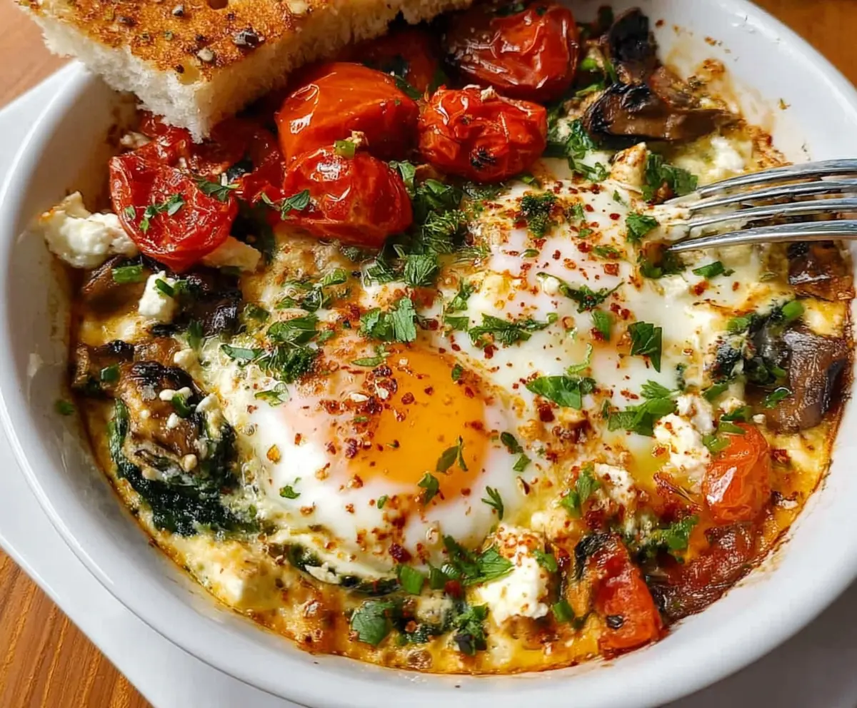 Delicious Mediterranean Baked Feta Eggs served with fresh herbs and cherry tomatoes on a rustic plate.
