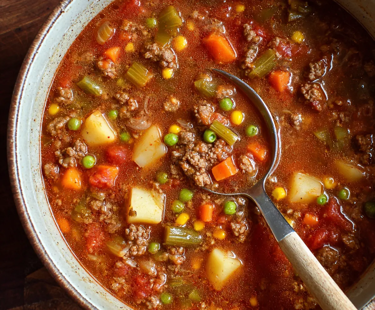 Hearty Old Fashioned Hamburger Soup with vegetables and ground beef in a rustic bowl