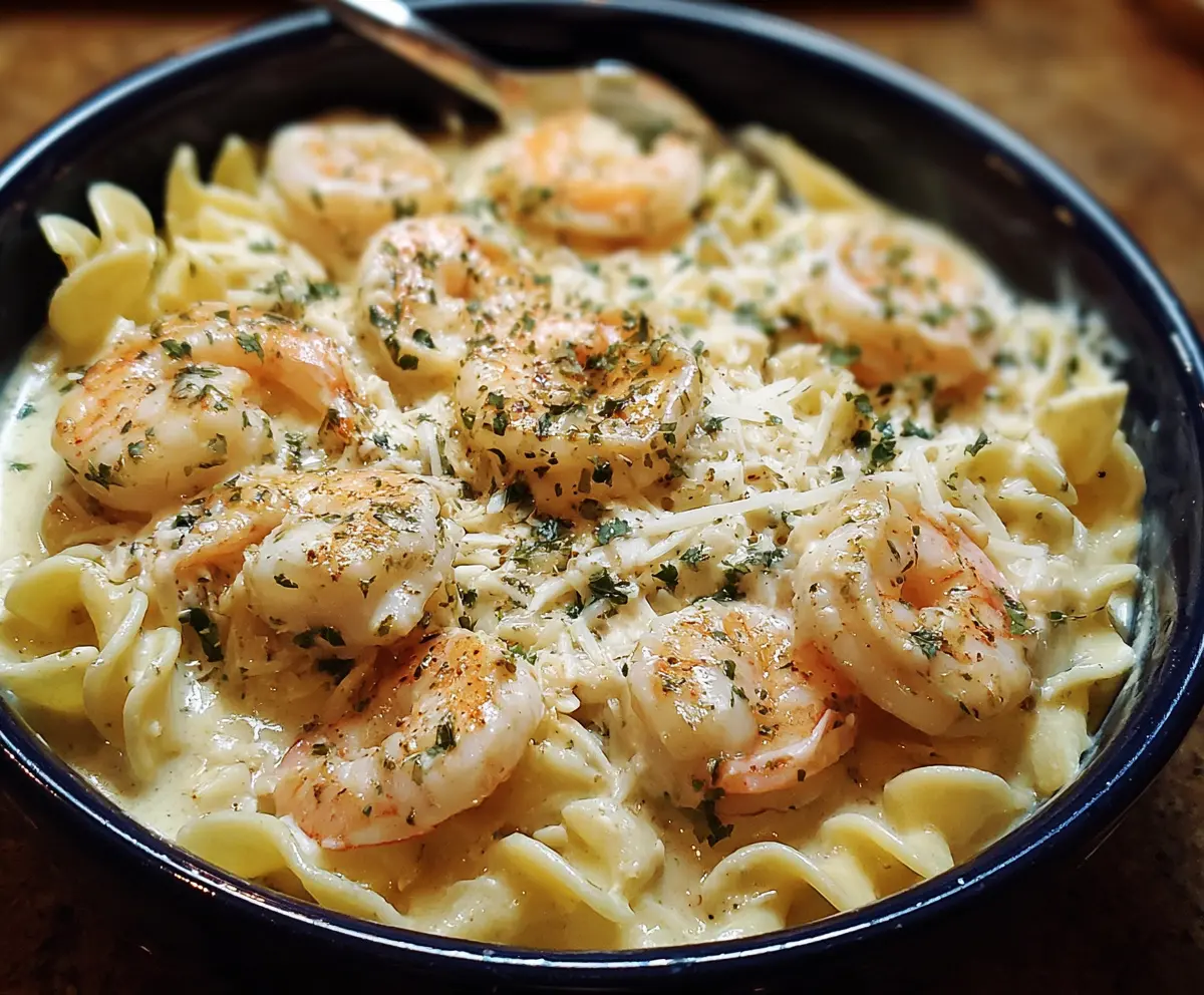 Delicious One Pot Shrimp and Crab Alfredo pasta served in a bowl, showcasing creamy sauce, shrimp, and crab meat.