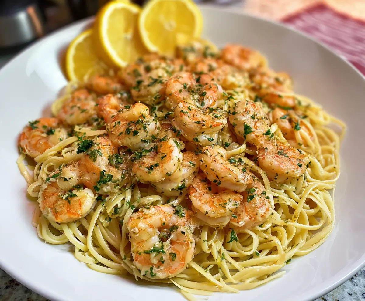 Delicious shrimp scampi served with pasta and herbs on a elegant plate.