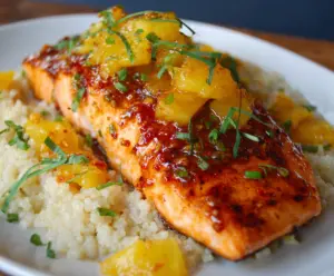 Delicious Pineapple Glazed Salmon topped with fresh pineapple slices and herbs on a white plate.