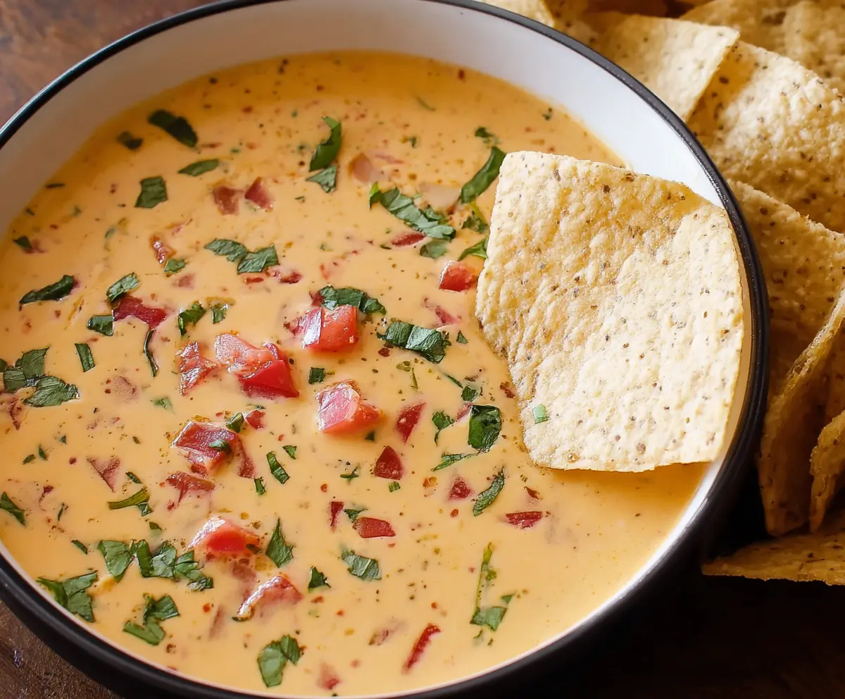 Delicious cheesy queso dip served in a bowl, perfect for snacking in 10 minutes.