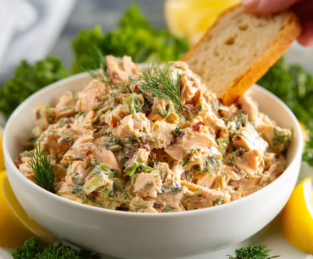 Delicious quick and healthy canned salmon recipe served with fresh vegetables.