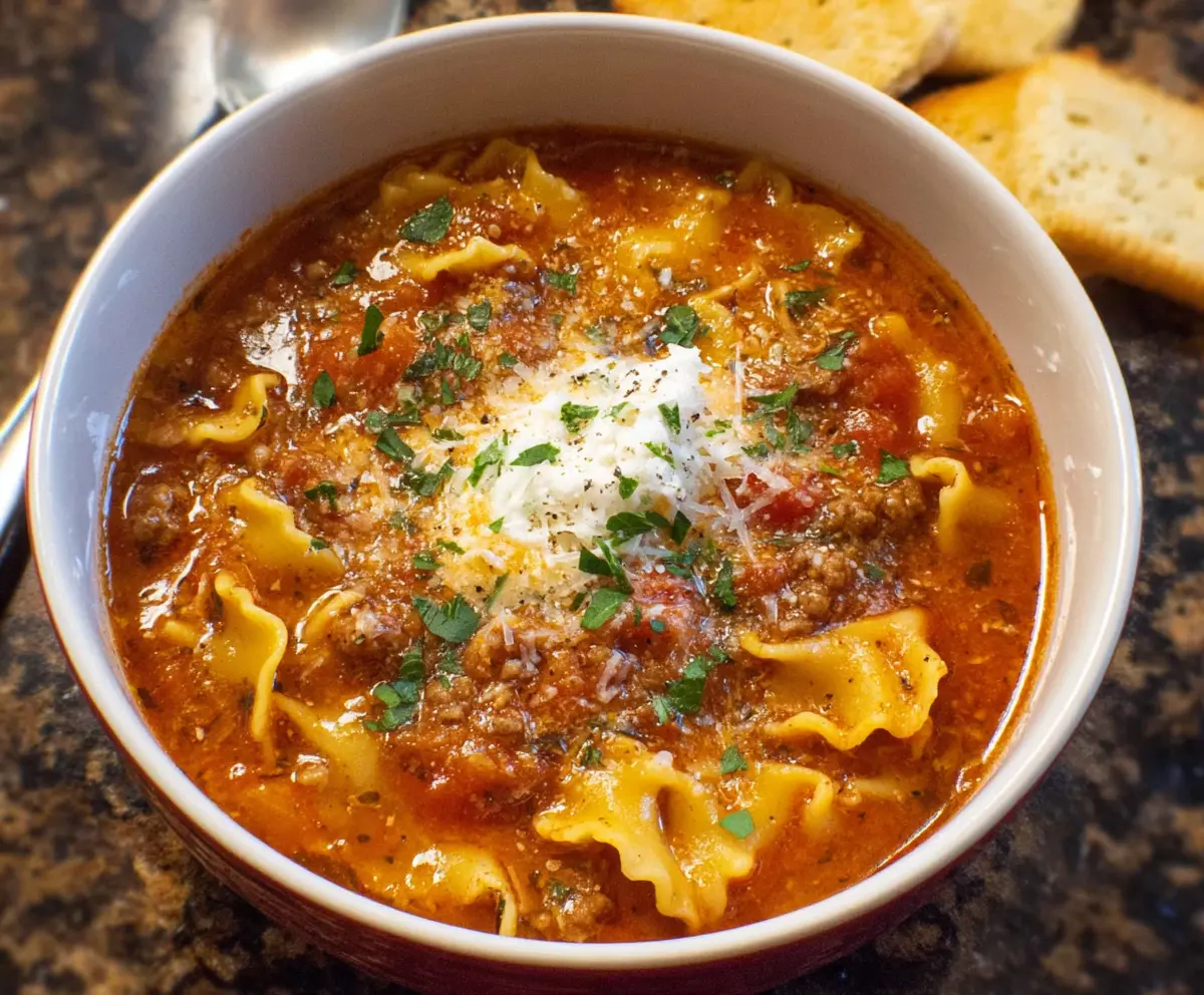 Hearty quick lasagna soup in a bowl with layers of cheese and herbs.