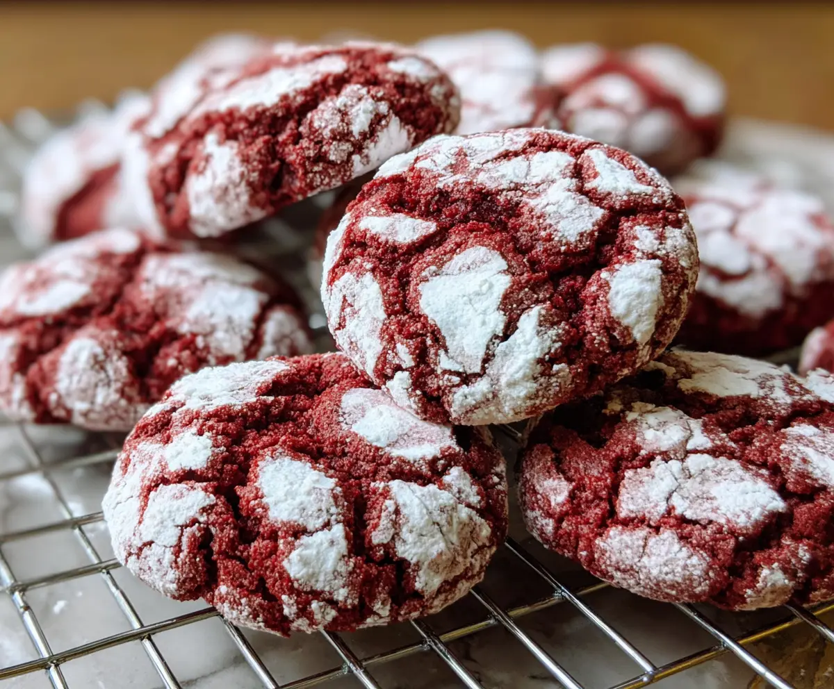 Delicious red velvet crinkle cookies dusted with powdered sugar on a white plate, perfect for festive occasions