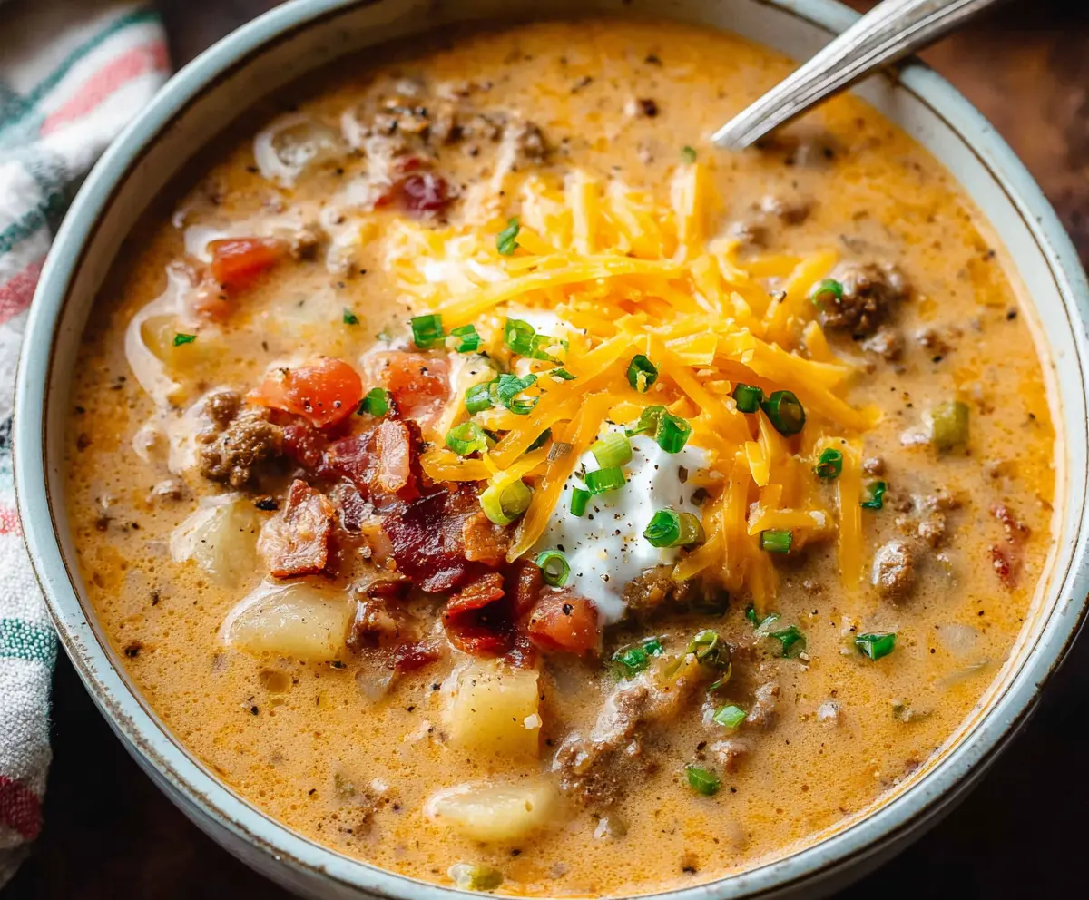 Creamy Rich Cheeseburger Soup in a bowl with melted cheese and ground beef.