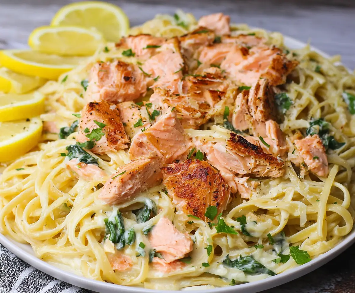 Creamy salmon pasta with lemon sauce garnished with fresh herbs on a white plate.