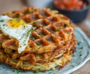 Delicious savory hashbrown chaffle served on a plate, perfect for a healthy breakfast recipe.