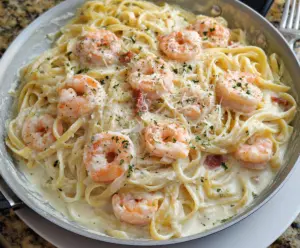 Delicious shrimp Alfredo pasta with creamy sauce and fresh herbs on a dinner plate.