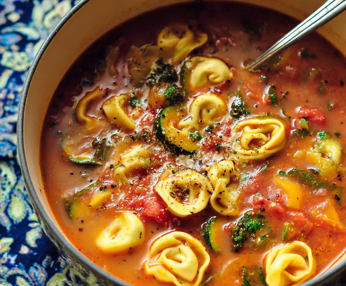 Creamy tortellini soup with fresh herbs and vegetables in a bowl, perfect for a comforting meal.