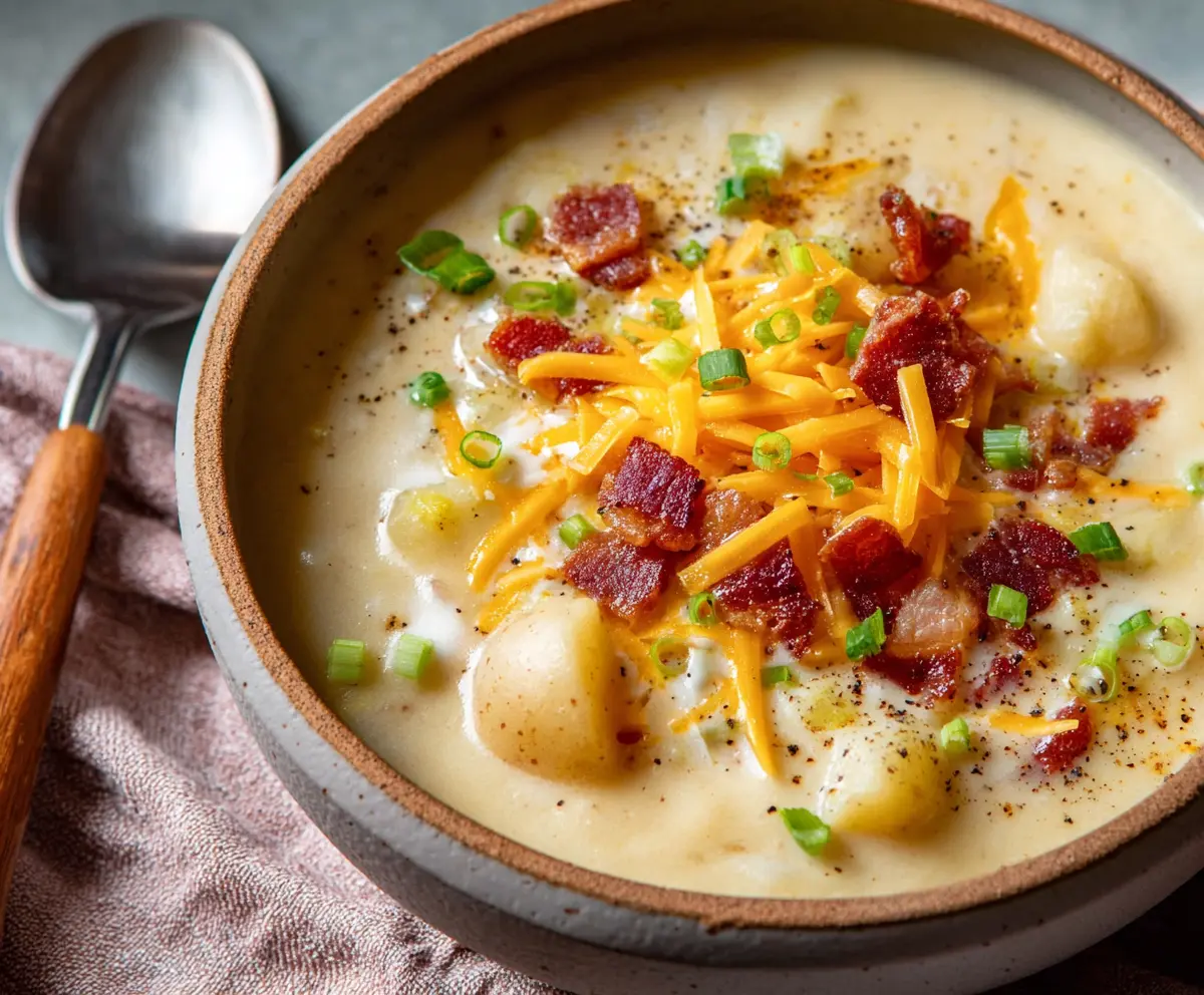 Delicious creamy slow cooker potato soup garnished with chives in a bowl.