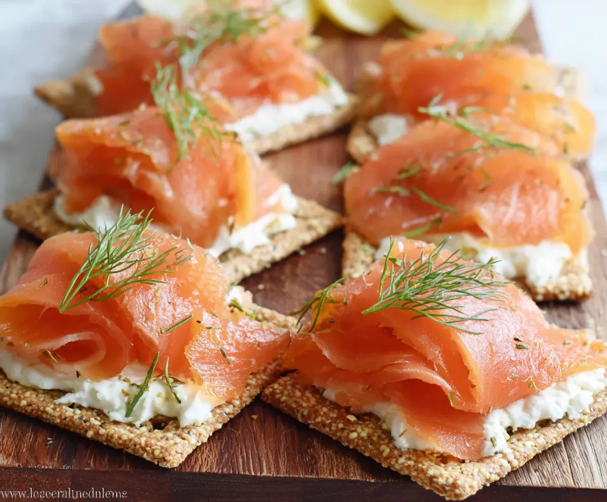 Delicious smoked salmon cream cheese crackers served on a plate, perfect for appetizers or snacking.