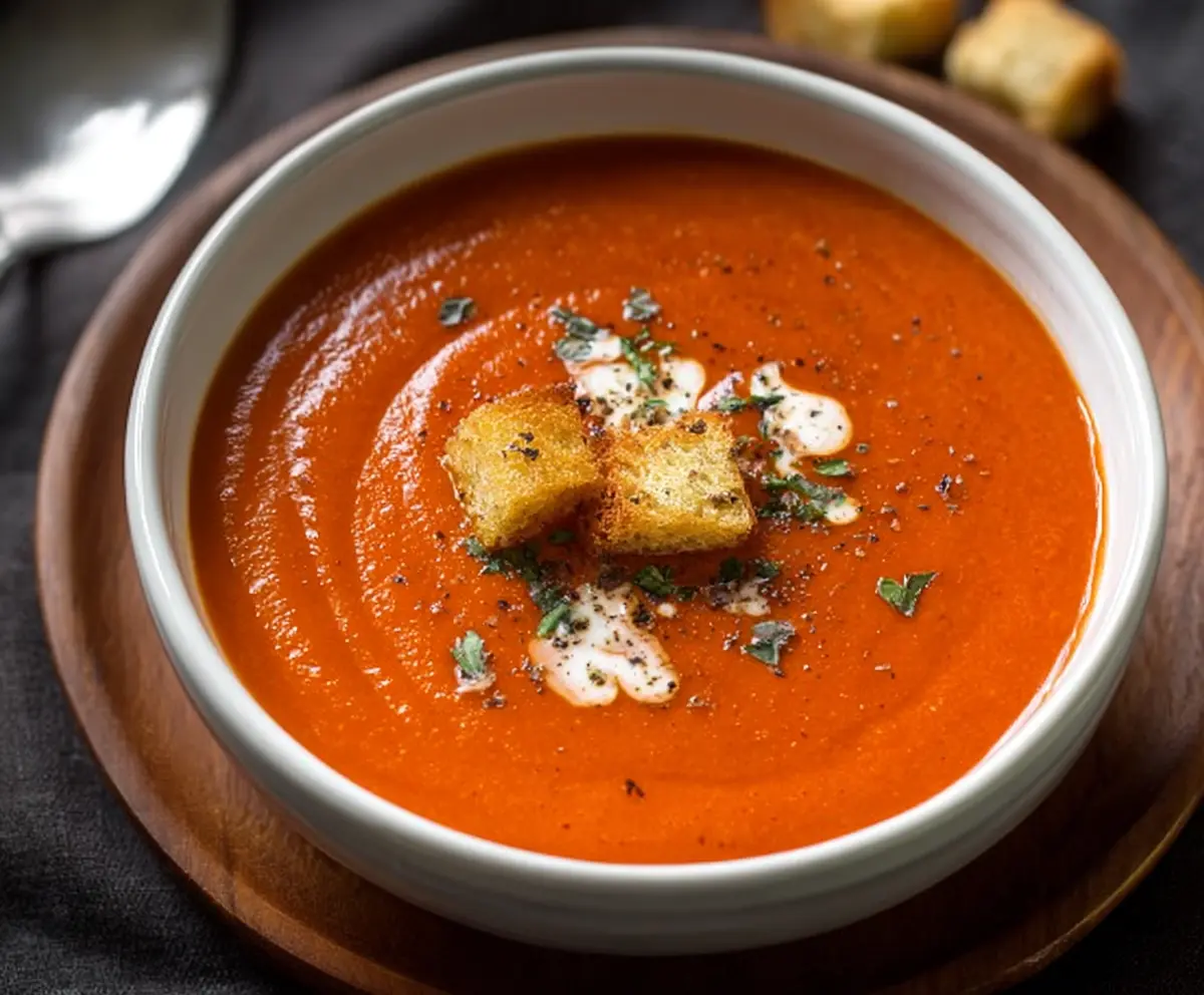 Creamy and smooth tomato soup served in a bowl, perfect for a comforting meal.