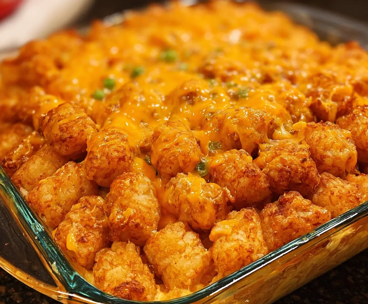 Delicious Tater Tot Casserole in a baking dish, topped with melted cheese and crispy golden tots.