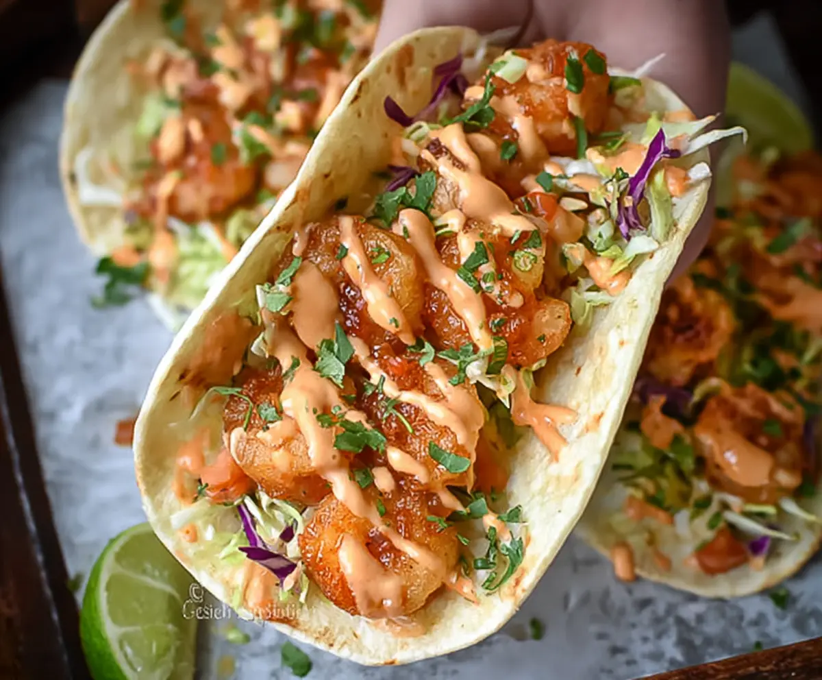 Crispy Bang Bang Shrimp Tacos topped with fresh cilantro and spicy sauce