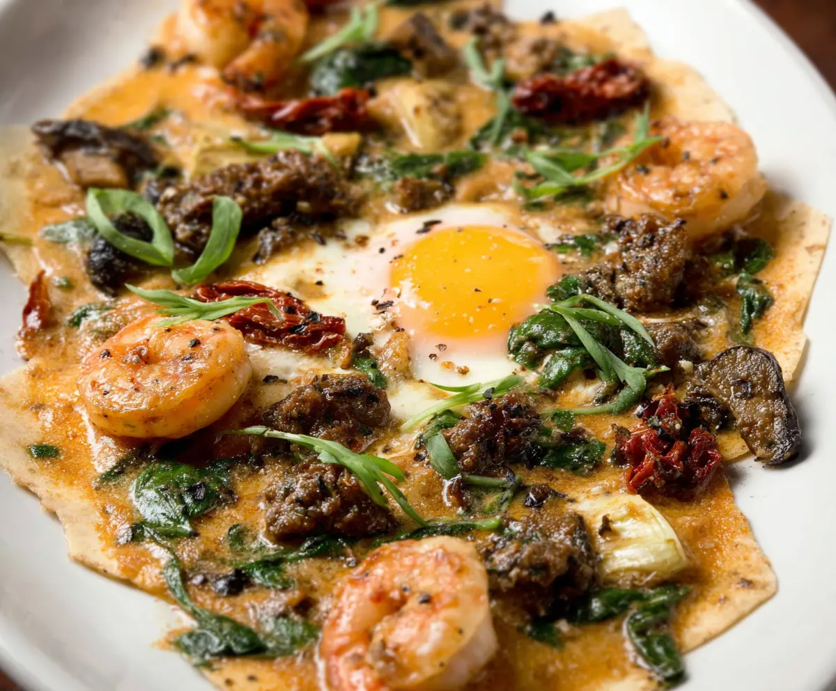 Delicious Tuscan Shrimp with Spinach, Artichokes, and Sun-Dried Tomatoes served on a plate.