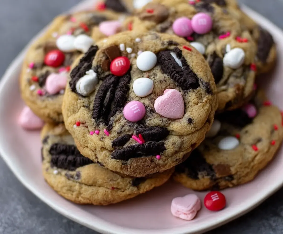 Delicious Valentine's Day Oreo M&M's cookies with colorful candies and chocolate cookies for a loving treat.