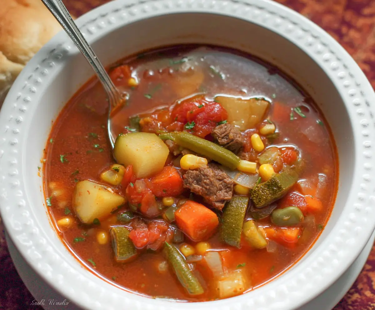 Hearty vegetable beef soup in a bowl with fresh vegetables and tender beef chunks