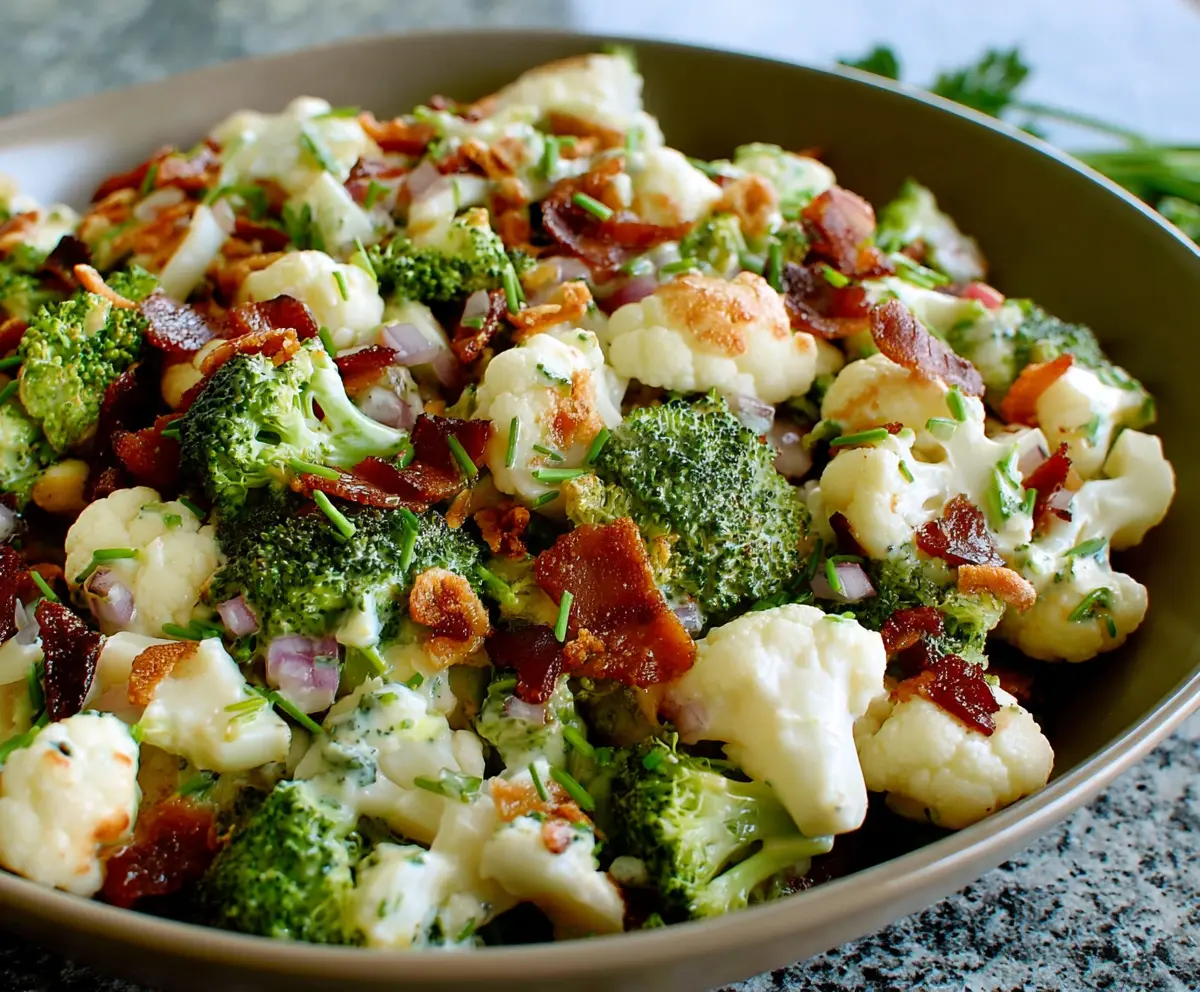 Fresh cauliflower and broccoli salad in a bowl, perfect for a healthy recipe image.