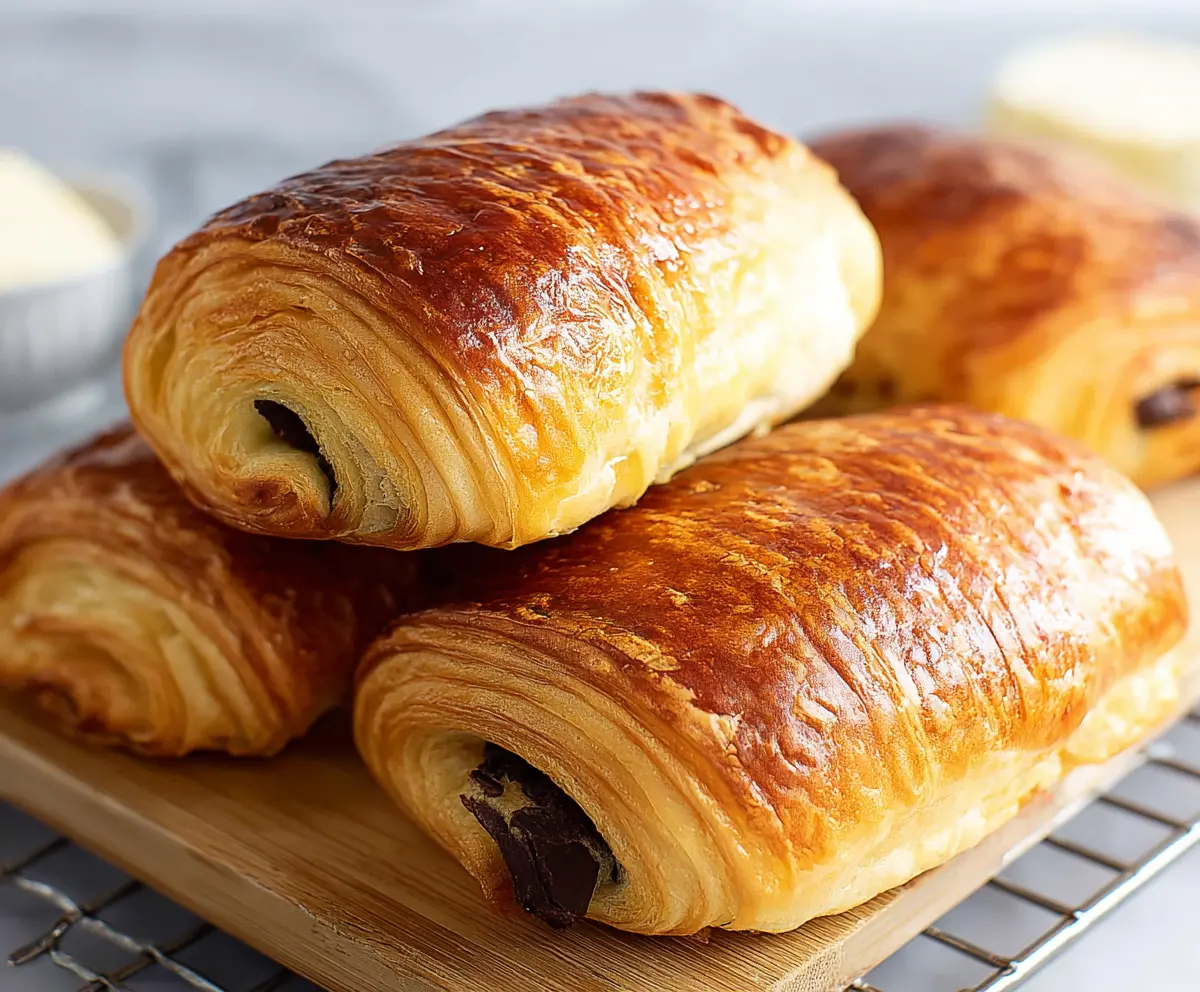 Freshly baked chocolate croissants with flaky golden crust and rich chocolate filling.