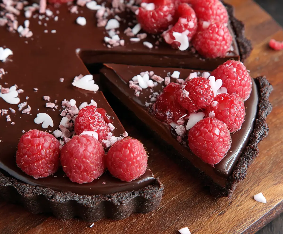 Delectable chocolate raspberry tart perfect for Valentine's Day dessert.