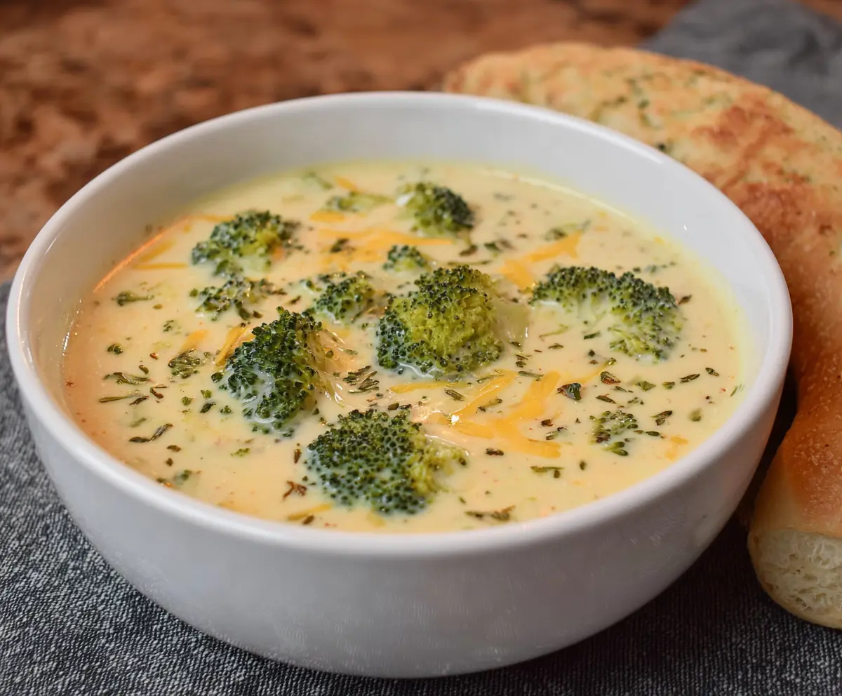 Delicious creamy Panera broccoli cheese soup served in a bowl with fresh bread on the side.