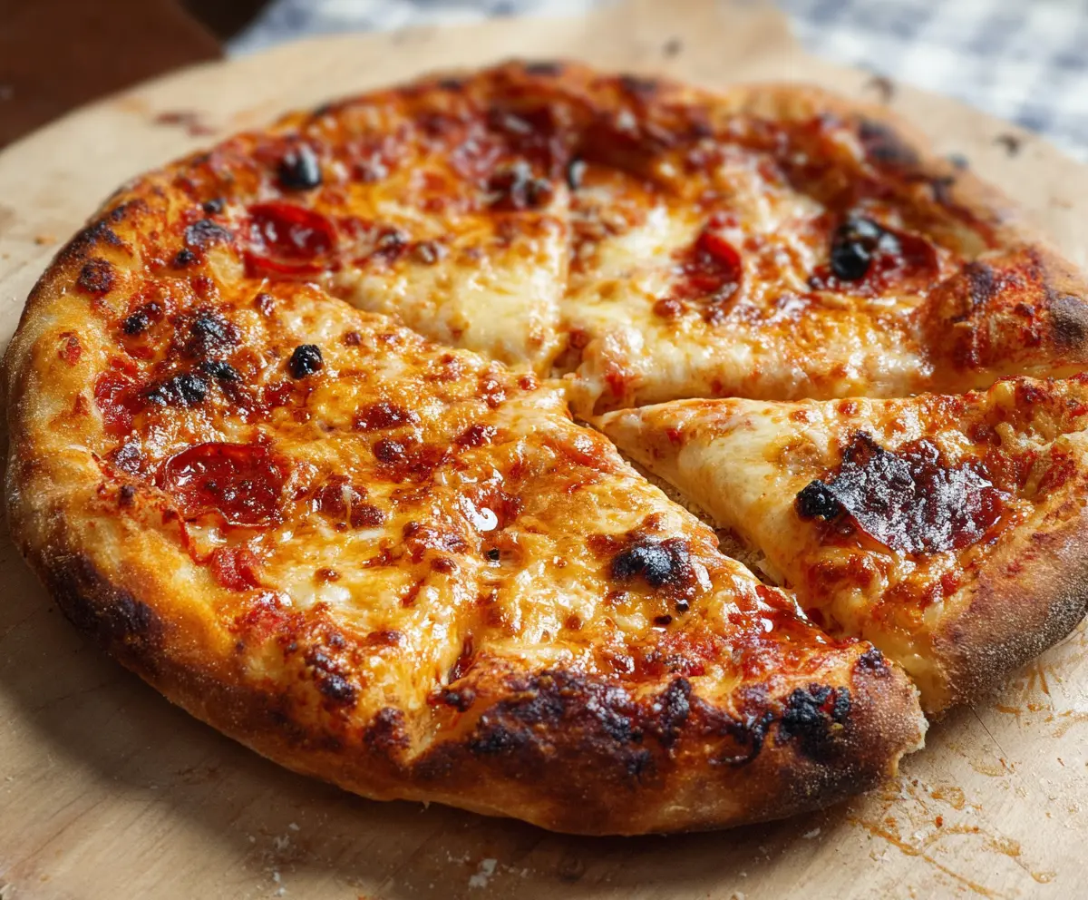 Homemade pizza dough recipe showing a ball of dough on a floured surface.