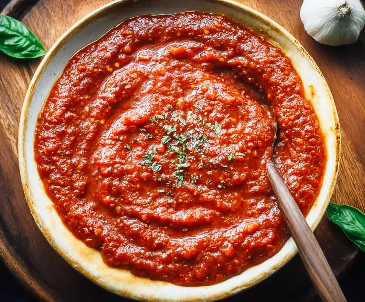 Homemade pizza sauce in a bowl, ready for pizza topping