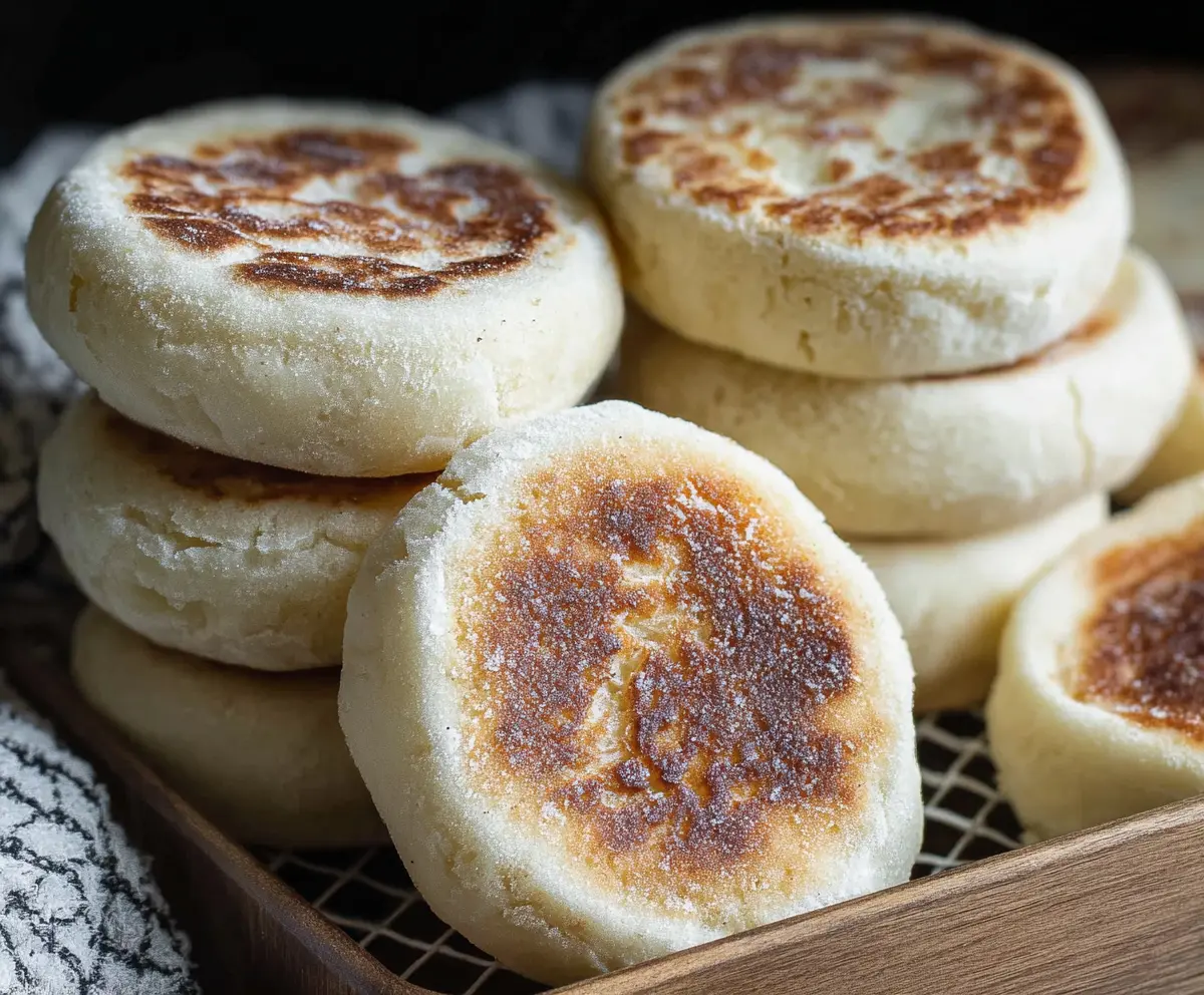 Golden brown sourdough discard English muffins served on a rustic wooden board.